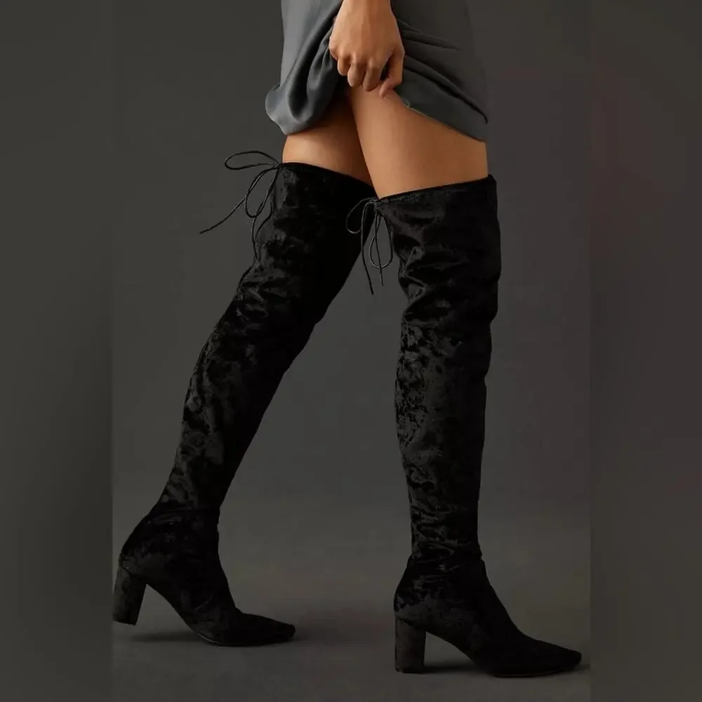 Anthro Silent D Over The Knee Boots Crushed Stretch Velvet Black EU38 US7 New